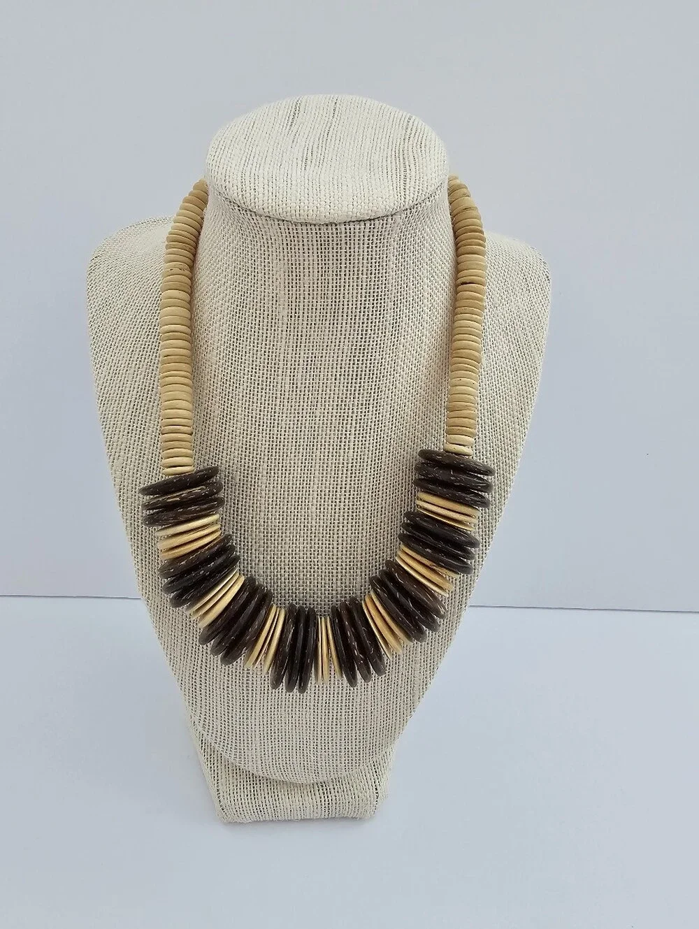 Vintage Coconut Shell Disc Bead Necklace 18” Two-Tone Boho Chunky Heishi​